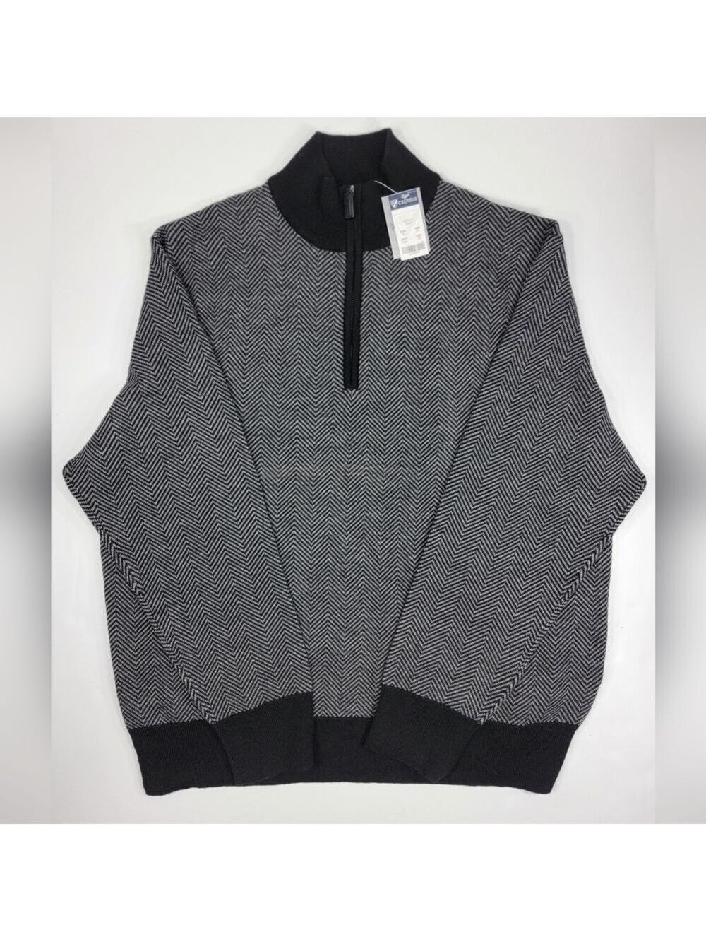 NEW Daniel Cremieux 100% Merino Wool Herringbone 1/4 Zip Sweater Men's XL Black